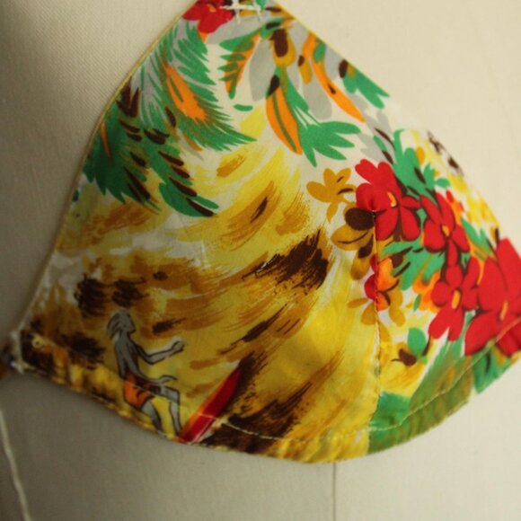 Vintage 1960s Bikini Swimsuit Top, Surfer Print in Yellow Red and Green Swimwear - Picture 4 of 10